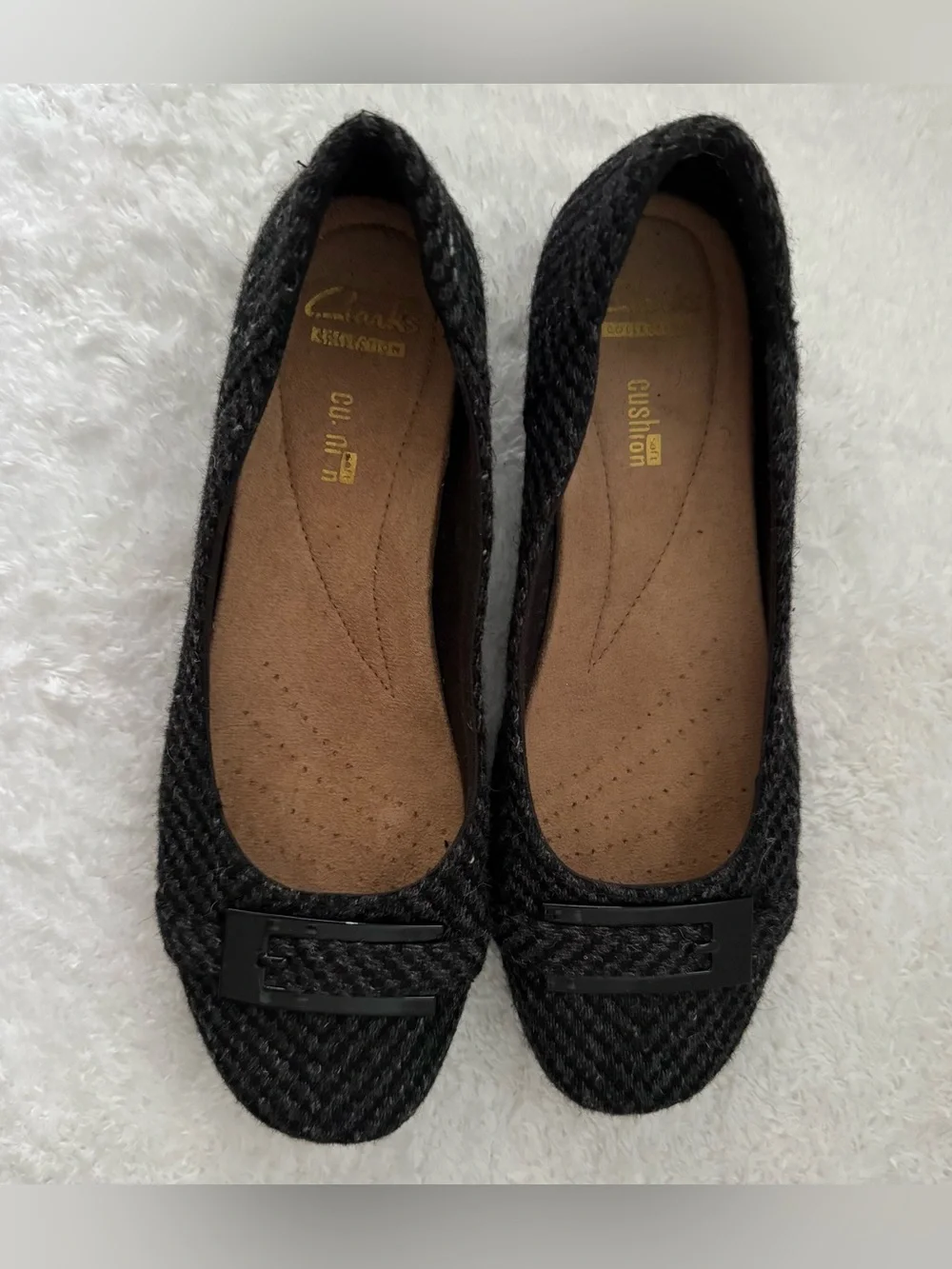 Clarks Cushion Soft black/gray herringbone tweed textile flats size 7.5M womens